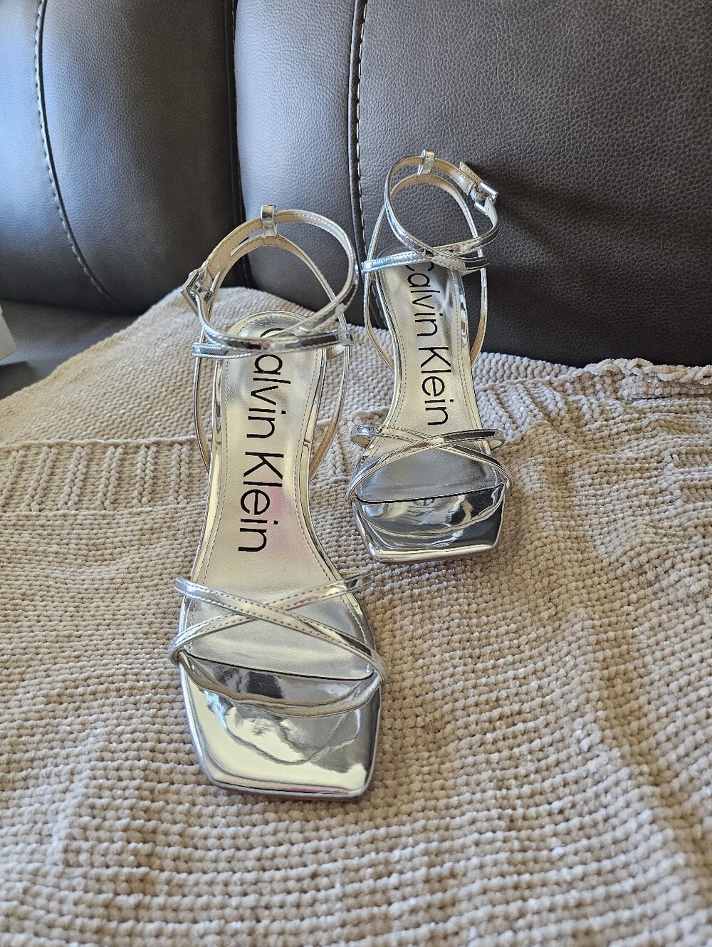 Brand New/Box! Calvin Klein Metallic Silver Strappy Stiletto Sandals Square SZ 8